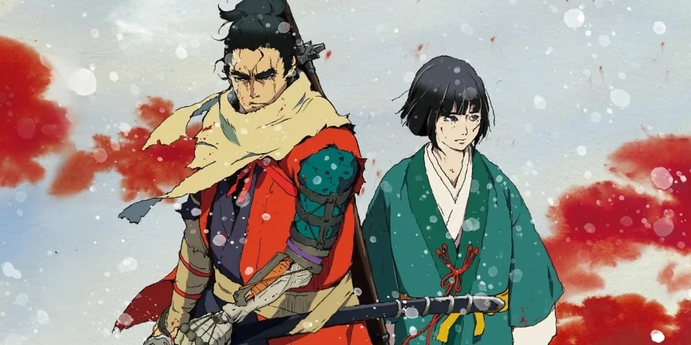 Deux personnages animés dans un paysage enneigé avec des arbres rouges.