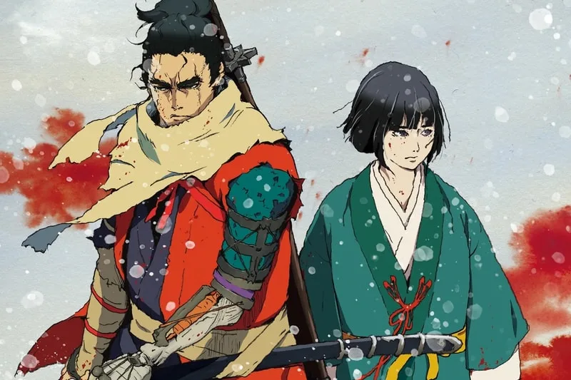 Deux personnages en tenue de samouraï sous la neige.