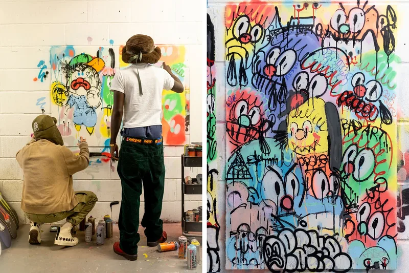 Deux artistes peignent une œuvre colorée sur un mur blanc.