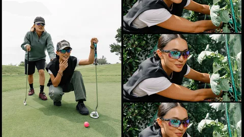 Deux personnes avec des lunettes de soleil, une joue au golf, l'autre jardine.