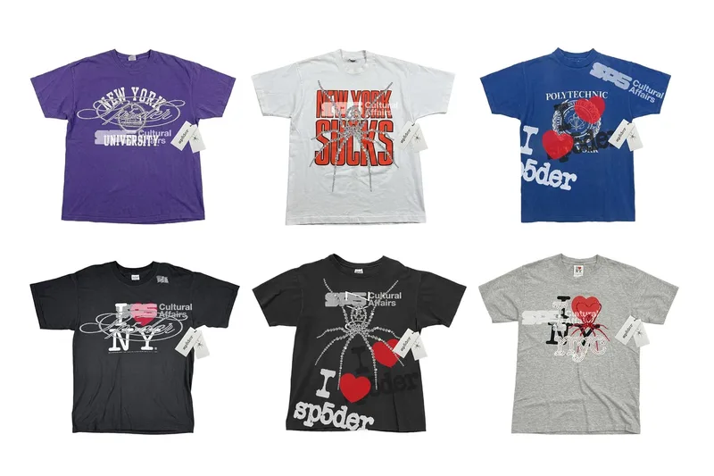 Six t-shirts avec des slogans et graphiques colorés.