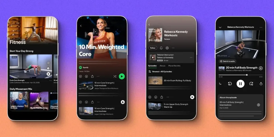 Quatre écrans de smartphone montrant des applications de fitness et musique.