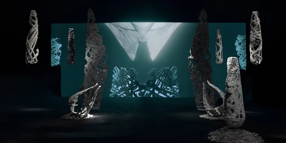 Installation artistique avec sculptures futuristes et lumière bleue.
