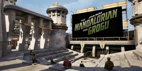 Spectateurs devant un écran extérieur 'The Mandalorian and Grogu'