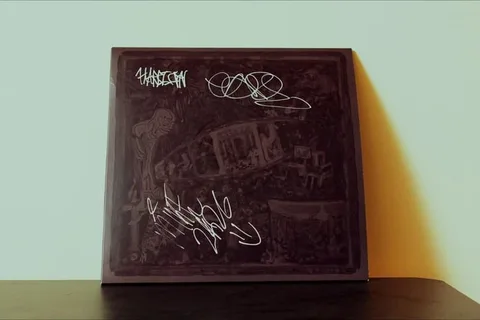 Album avec graphismes artistiques et signatures blanches sur la couverture.