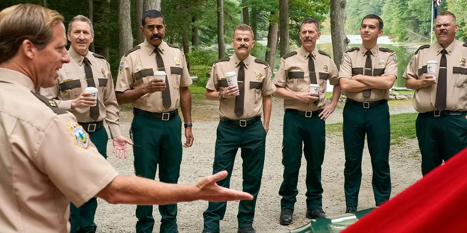 Groupe de gardes forestiers en uniforme parlant dans la forêt.