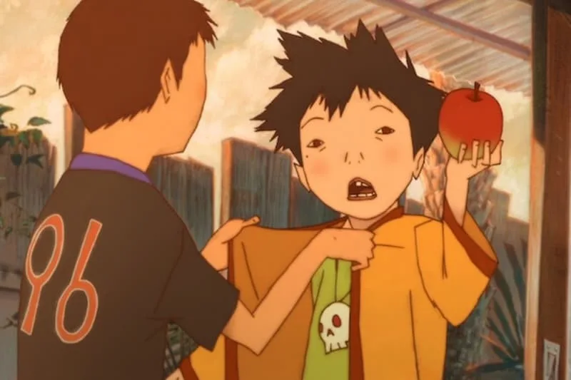 Deux personnages animés échangent un manteau et une pomme, fond extérieur.