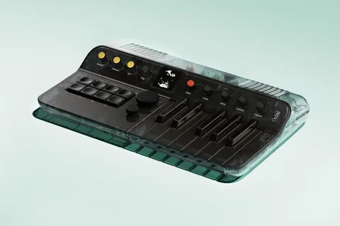Synthétiseur compact au design moderne sur fond vert clair.