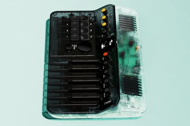 Synthétiseur compact avec boutons et clavier sur fond bleu clair.