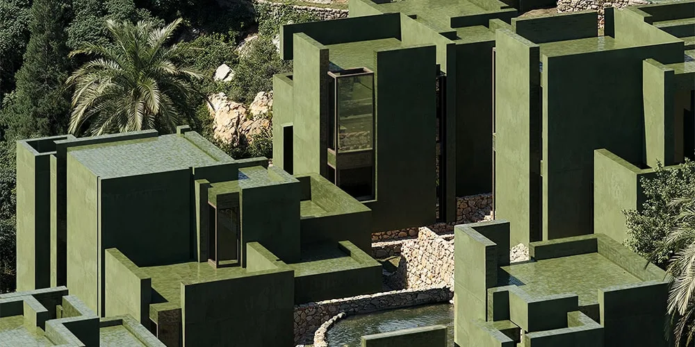 Architecture moderne en blocs verts avec palmiers.