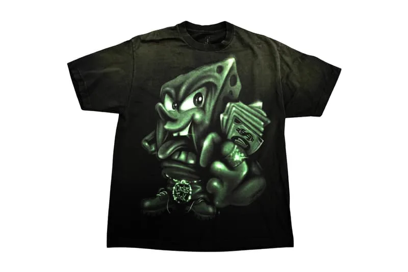 T-shirt noir avec dessin de dé anthropomorphique et billets verts.