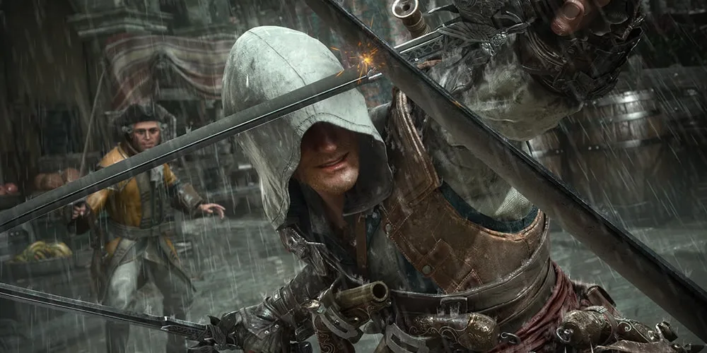 Personnage avec cape et épées sous la pluie dans un jeu vidéo d'action