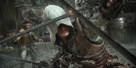 Personnage avec cape et épées sous la pluie dans un jeu vidéo d'action