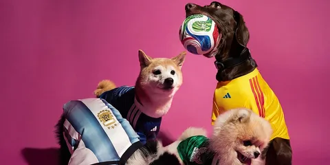Chiens portant des maillots de foot avec un ballon, fond rose.