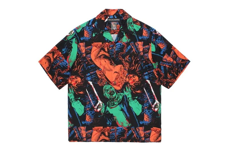 Chemise graphique avec motifs colorés rouges, verts et bleus.
