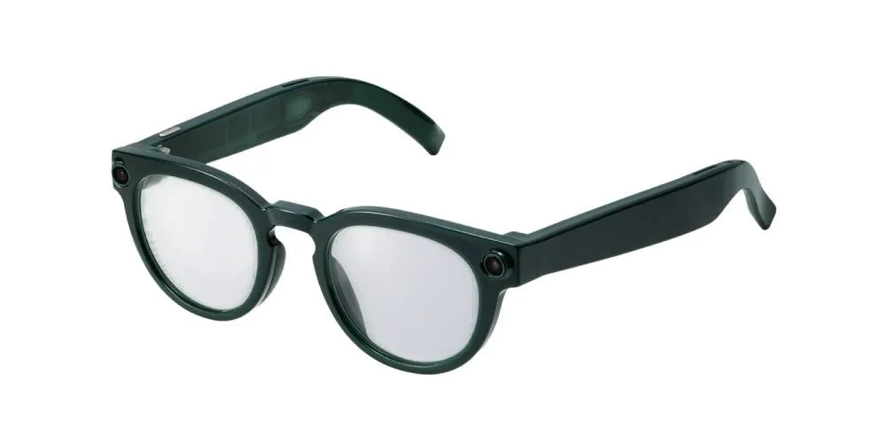 Lunettes noires style moderne avec caméras intégrées, vue de côté.